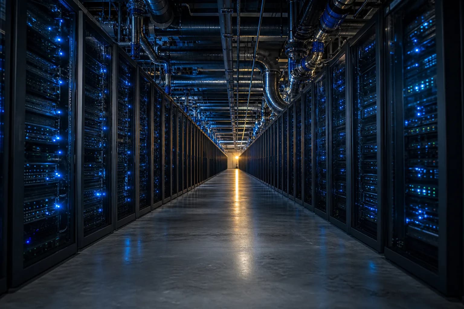 A long aisle of dark server racks in a data center hall, blue indicator lights and overhead cooling pipes receding toward a single warm light