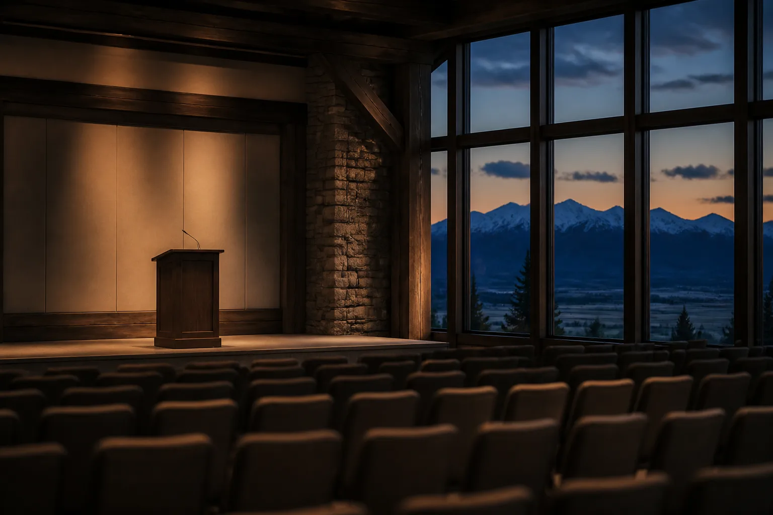 An empty lectern lit on the stage of a mountain lodge conference hall at dusk, rows of empty chairs in the foreground