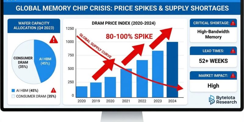 A graph illustrating a 2026 global memory chip shortage shows a sharp increase in DRAM prices with a 80-100% spike, high