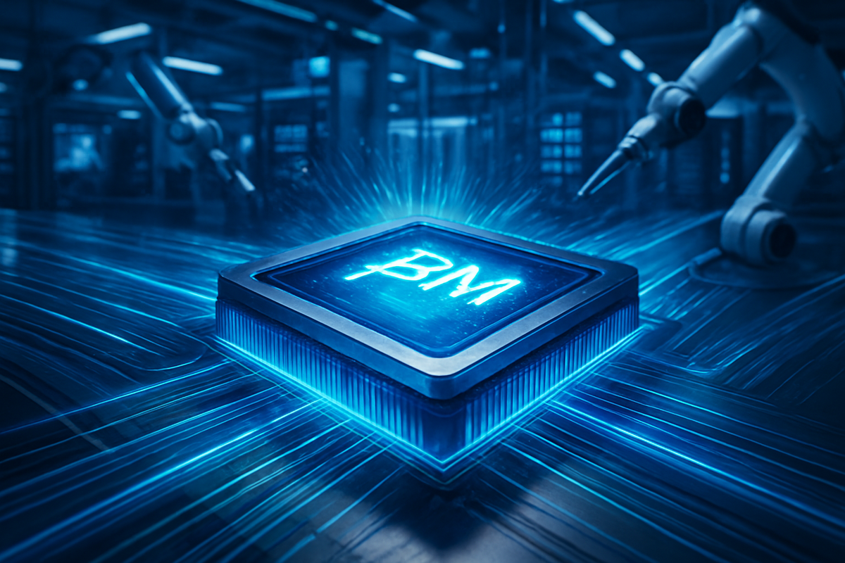 A futuristic memory chip labeled "DRAM" is illuminated in glowing blue light, surrounded by robotic arms in a high-tech