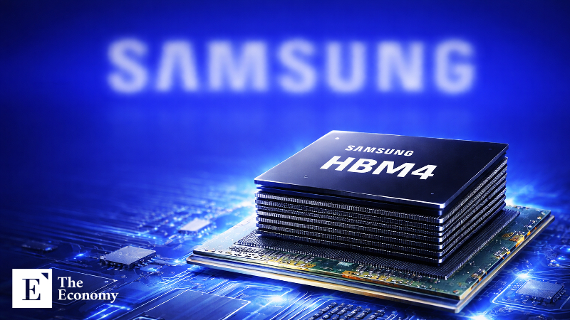 A stacked Samsung HBM4 memory chip is placed on a circuit board with a blurred Samsung logo in the background.