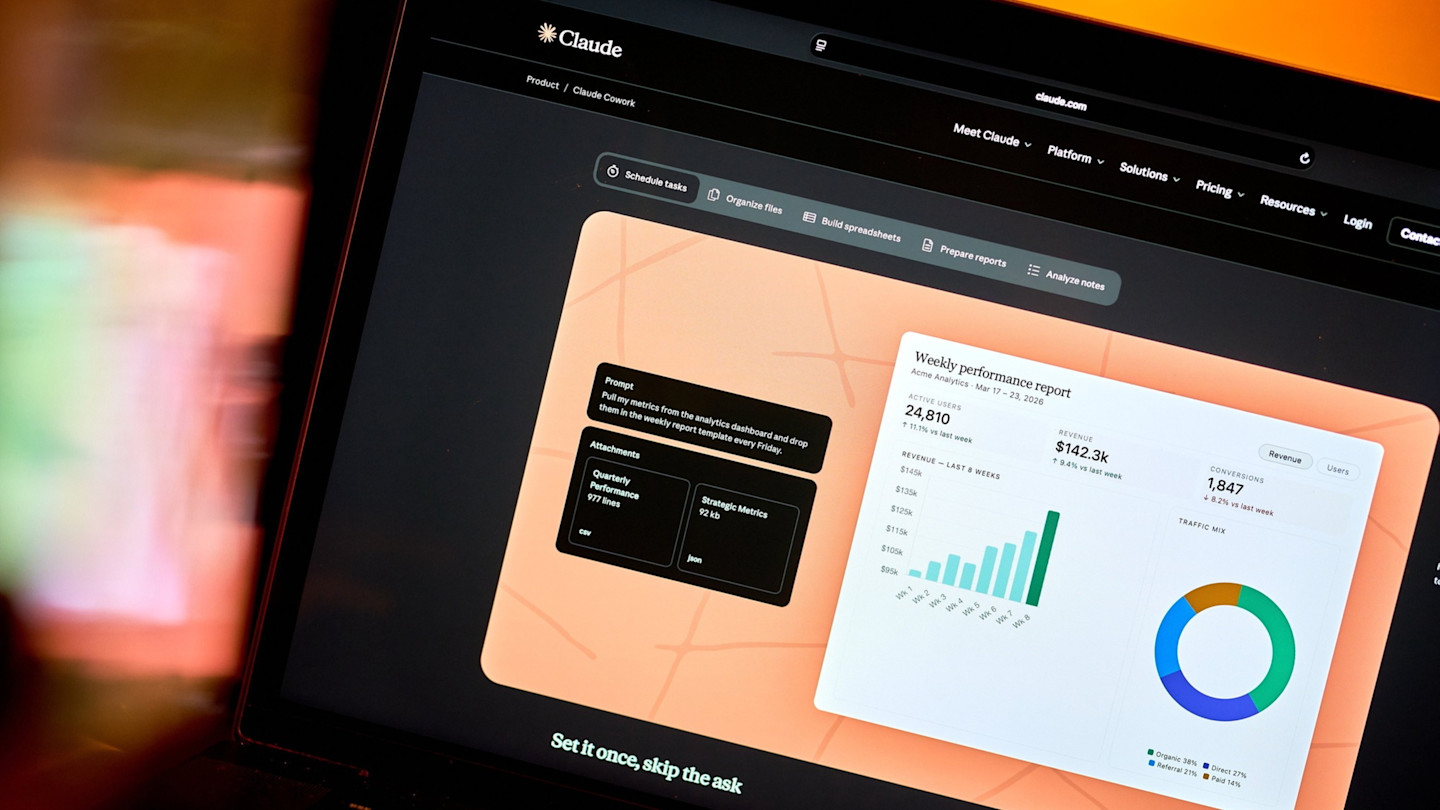 A computer screen displays the Claude AI platform with analytics dashboards.